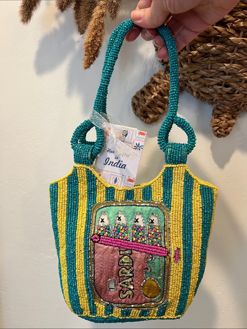 Beaded Sardine Yellow and Teal Stripe  Bag